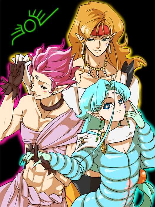abs, androgynous, bishoujo_senshi_sailor_moon, black_background, blonde_hair, blue_eyes, blue_hair, bodysuit
