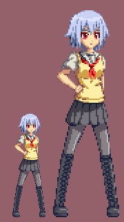 black_legwear, blue_hair, boots, hand_on_hip, hips, kntc, lowres, pantyhose, pixel_art, red_eyes, school_uniform, serafuku, short_hair, skirt, sweater_vest, yarizui_sen