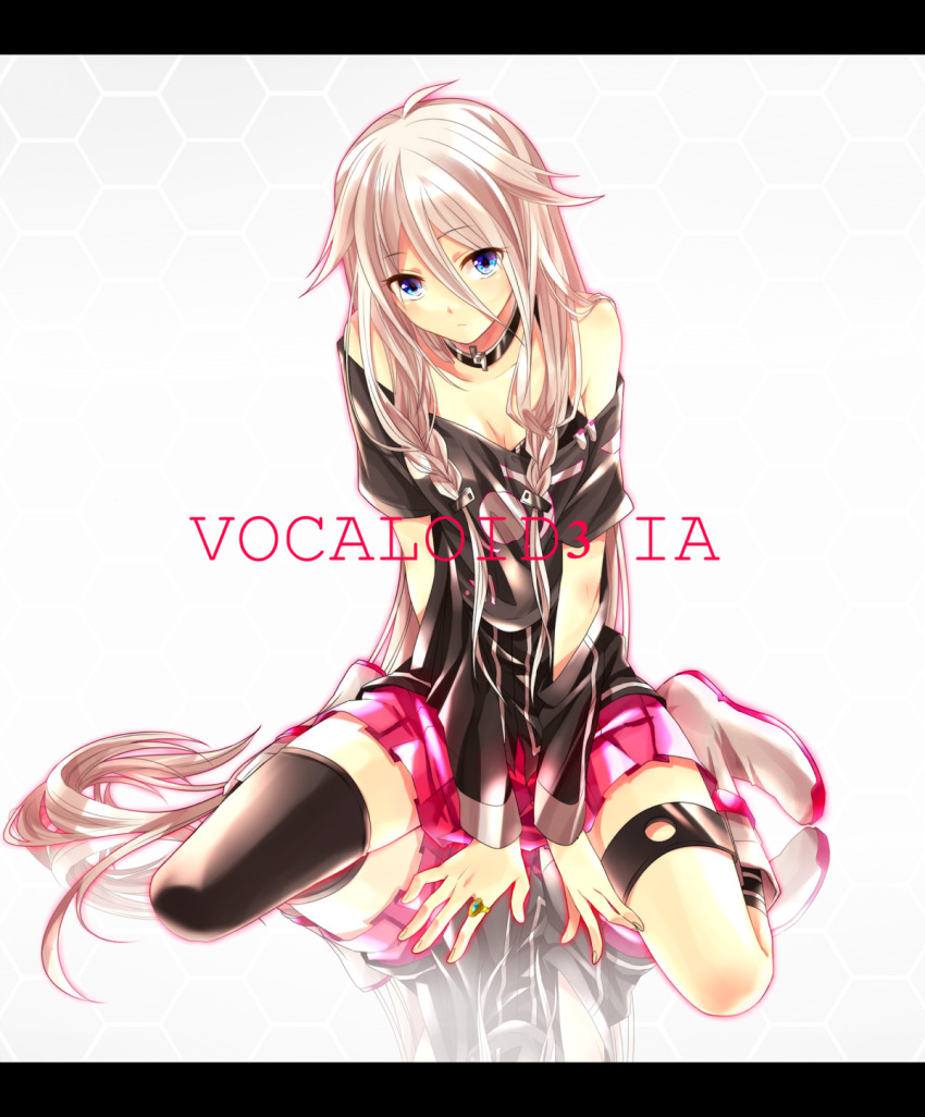 bare_shoulders, between_legs, between_thighs, blue_eyes, boots, braid, character_name, choker