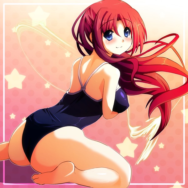 ass, blue_eyes, long_hair, looking_back, one-piece_swimsuit, original, red_hair, redhead