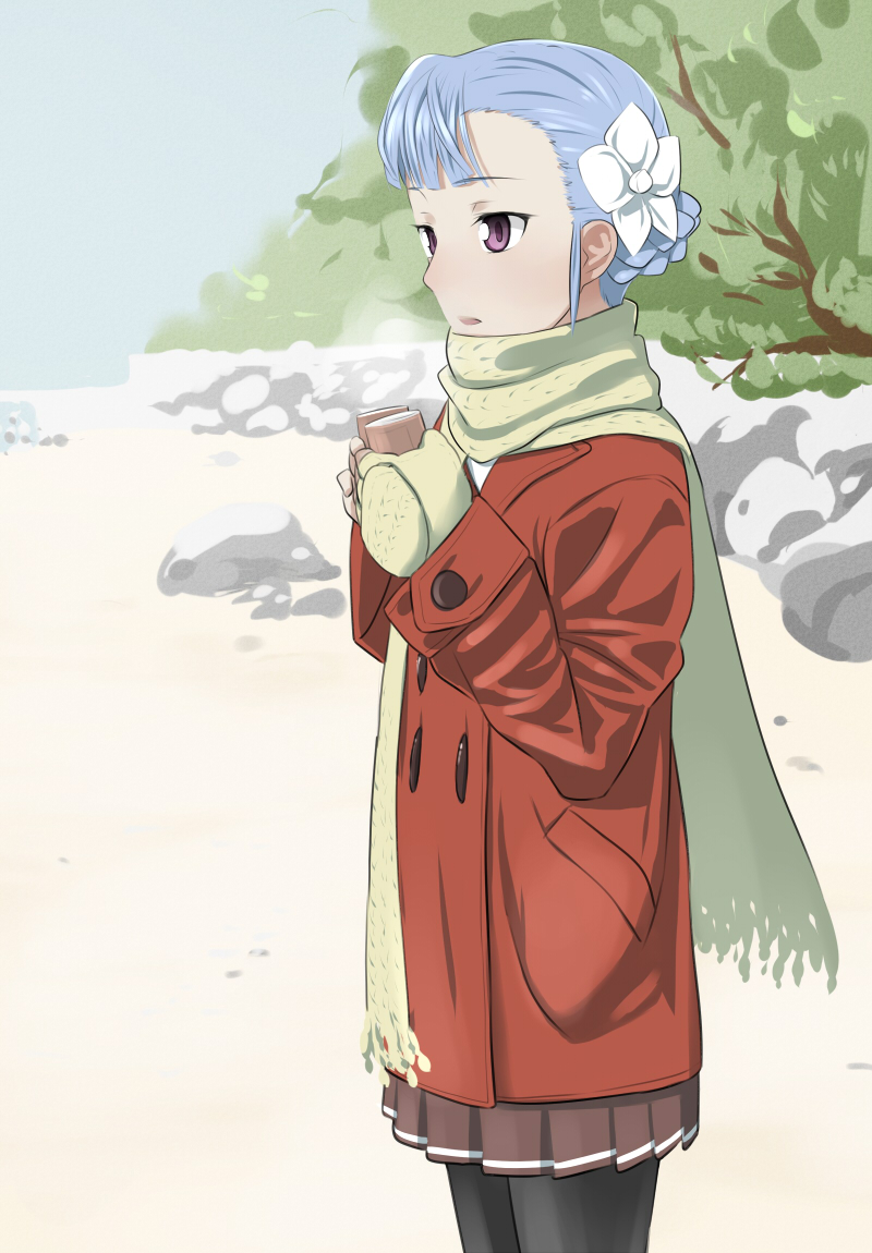 black_tights, blue_hair, braid, coat, fin_e_ld_si_laffinty, flower, french_braid, hair_flower