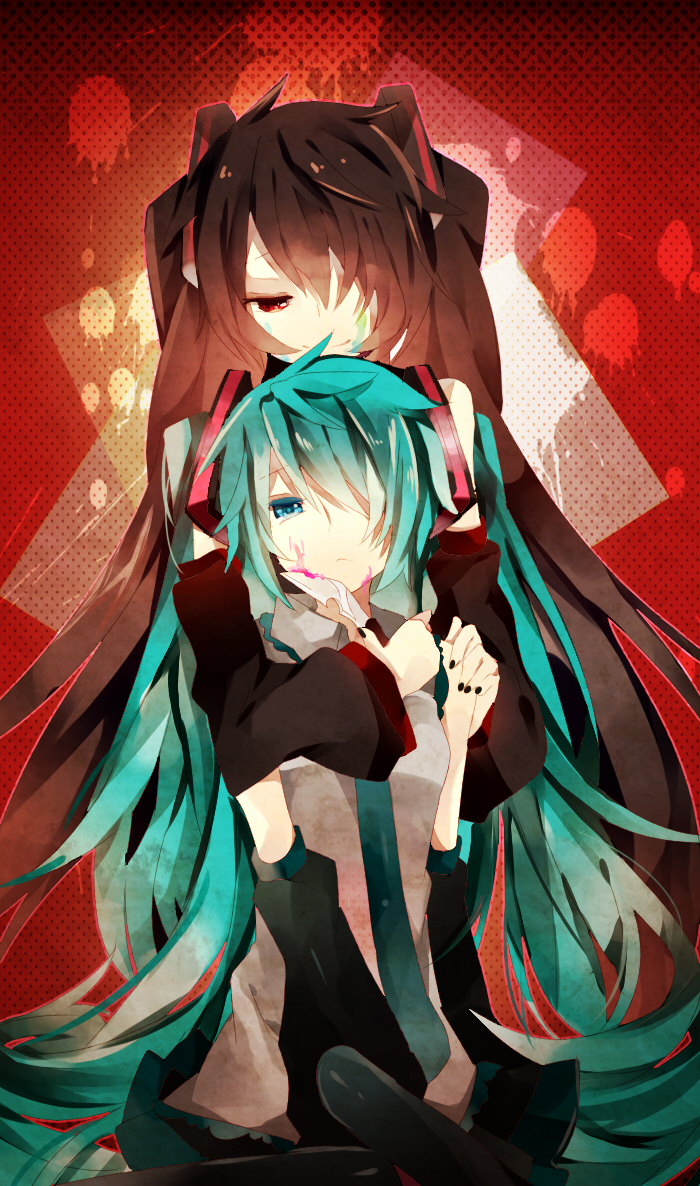 aqua_eyes, aqua_hair, bad_id, blood, brown_hair, detached_sleeves, hair_over_one_eye, hatsune_miku
