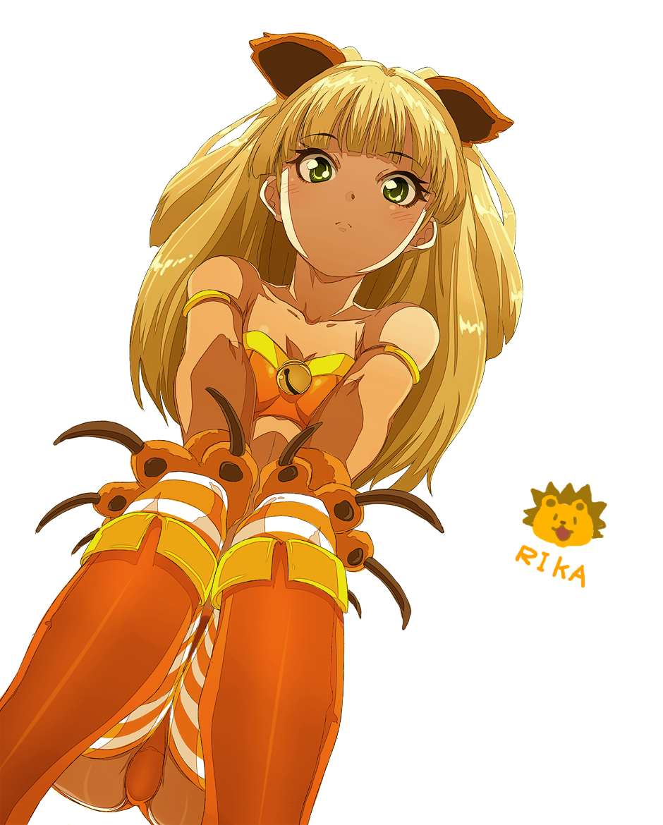 animal_ears, artist_request, bangs, bell, blonde_hair, blunt_bangs, blush, claws, from_below, gloves, green_eyes, idolmaster, idolmaster_cinderella_girls, jougasaki_rika, long_hair, looking_at_viewer, panties, pantyshot, paw_gloves, rison, simple_background, solo, squatting, two_side_up, underwear, white_background, yellow