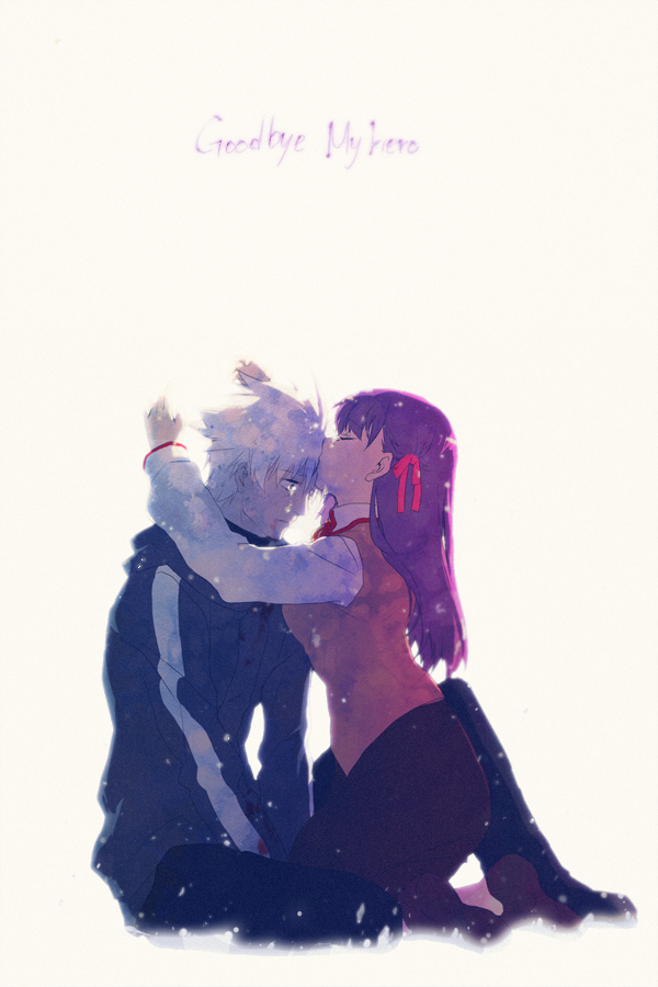 1girl, closed_eyes, eyes_closed, fate/zero, fate_(series), forehead_kiss, hair_ribbon, hoodie