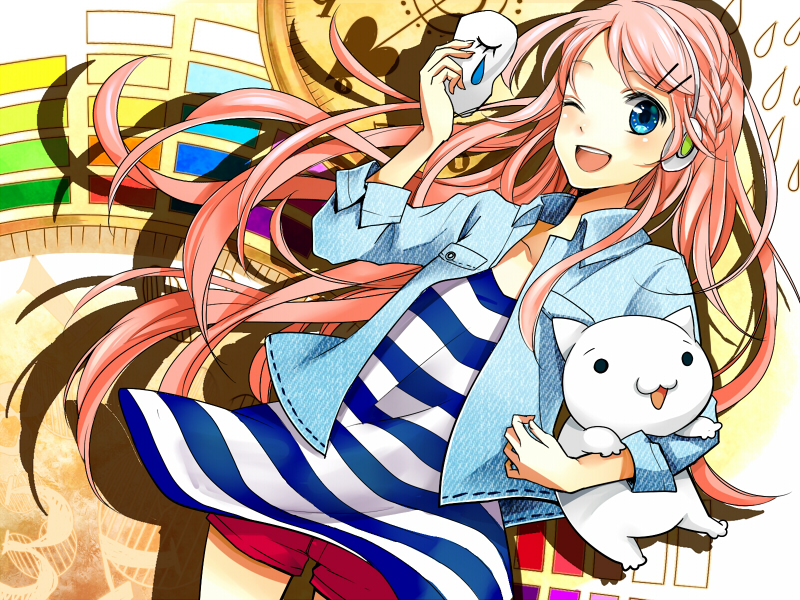 bad_id, blue_eyes, braid, clock, denim, denim_jacket, hair_ornament, headphones, heart_beats_(vocaloid), jacket, long_hair, mask, megurine_luka, open_mouth, pink_hair, shirt, shorts, side_braid, skirt, sleeves_folded_up, smile, solo, striped, striped_shirt, tears, vocaloid, water_drop, wink, yunco