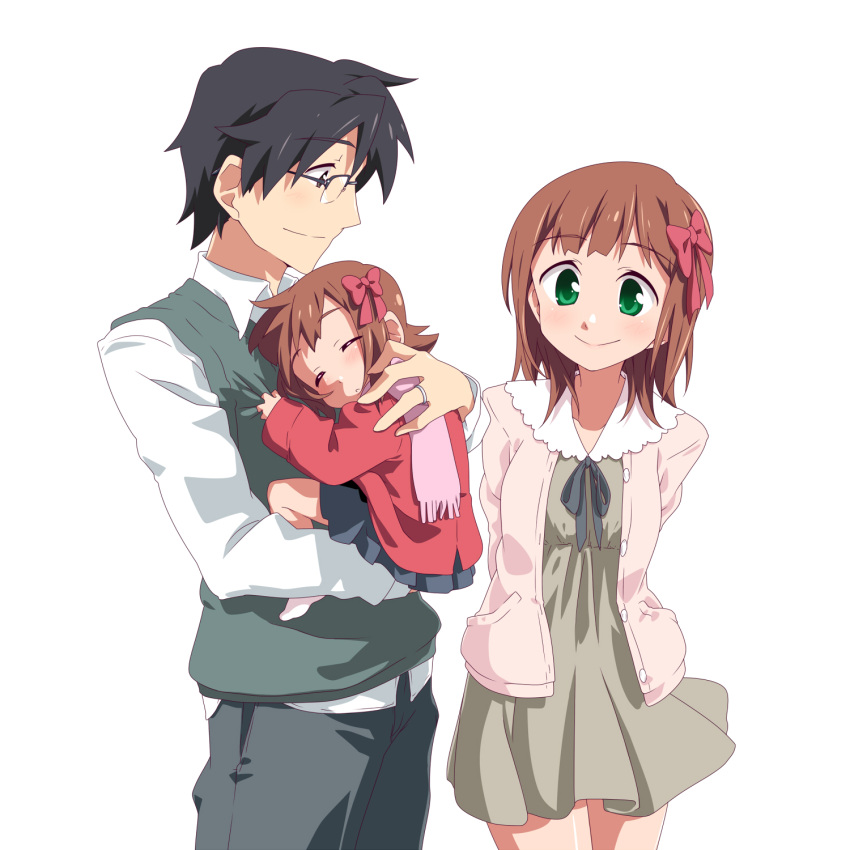 arms_behind_back, black_hair, brown_eyes, brown_hair, carrying, collarbone, glasses, green_eyes