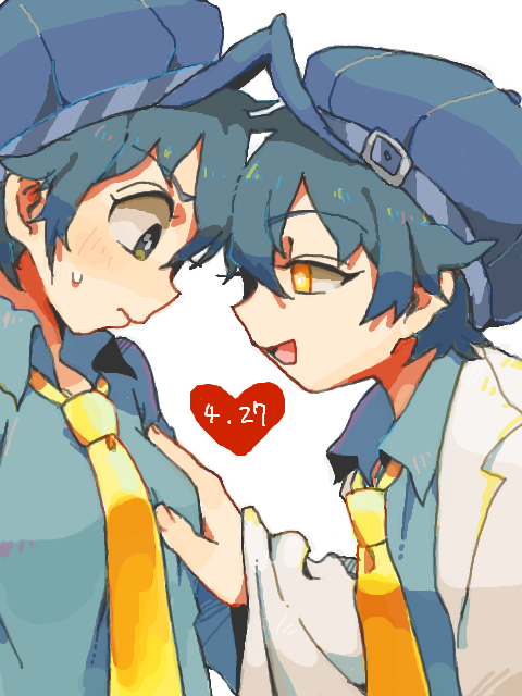 androgynous, blue_eyes, blue_hair, breast_grab, breasts, cabbie_hat, caddy_hat, crossdressinging, dark_persona, dual_persona, hat, labcoat, multiple_girls, necktie, persona, persona_4, reverse_trap, shirogane_naoto, short_hair, tegaki, togi, tomboy, yellow_eyes