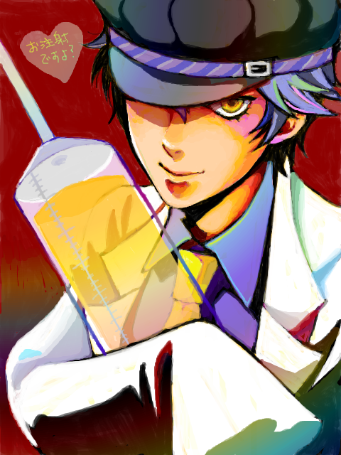 androgynous, blue_hair, cabbie_hat, caddy_hat, crossdressinging, dark_persona, hat, hat_over_eye, hat_over_one_eye, labcoat, naughty_face, necktie, persona, persona_4, reverse_trap, shirogane_naoto, short_hair, syringe, tegaki, tomboy, yellow_eyes, yoshii_kyoko, yoshiikyouko