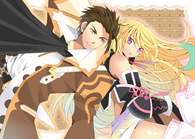 1girl, alvin_(tales_of_xillia), aqua_hair, blonde_hair, brown_background, brown_eyes, brown_hair, coat