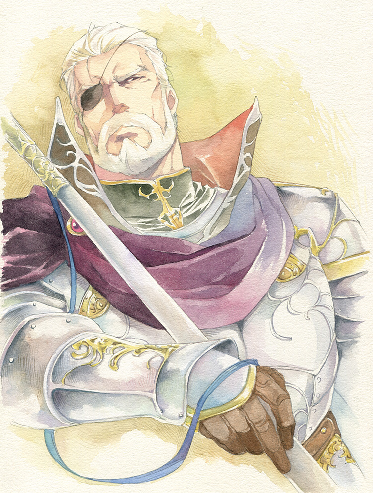 agahari, armor, beard, eyepatch, facial_hair, fire_emblem, fire_emblem:_mystery_of_the_emblem, lorenz, male, manly, old_man, solo, traditional_media, white_hair