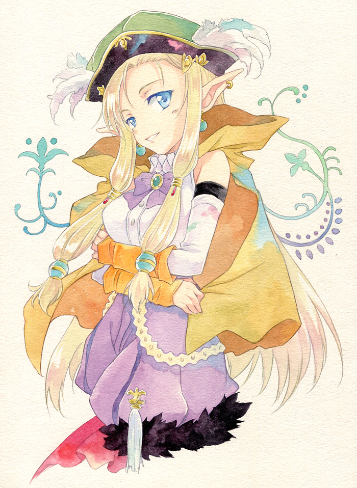 agahari, blonde_hair, blue_eyes, bow, dahlia_(rune_factory), earrings, hat, hat_feather, jewelry, long_hair, pointy_ears, rune_factory, rune_factory_3, sidelocks, solo, traditional_media