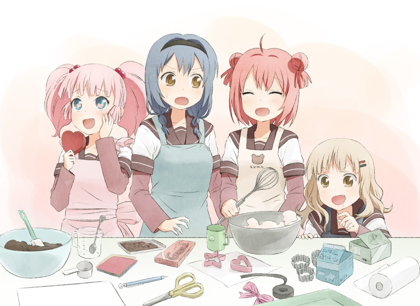 >:), >:d, >:o, :d, ^_^, ahoge, akaza_akari, apron, baking, blonde_hair, blue_eyes, blue_hair, bowl, braid, brown_eyes, chocolate, closed_eyes, cookie_cutter, cookie_cutters, cooking, double_bun, furutani_himawari, hair_bobbles, hair_bun, hair_ornament, hairband, hairclip, multiple_girls, official_style, oomuro_sakurako, open_mouth, pink_hair, red_hair, redhead, school_uniform, scissors, serafuku, smile, twin_braids, twintails, unyon, valentine, whisk, yoshikawa_chinatsu, yuru_yuri