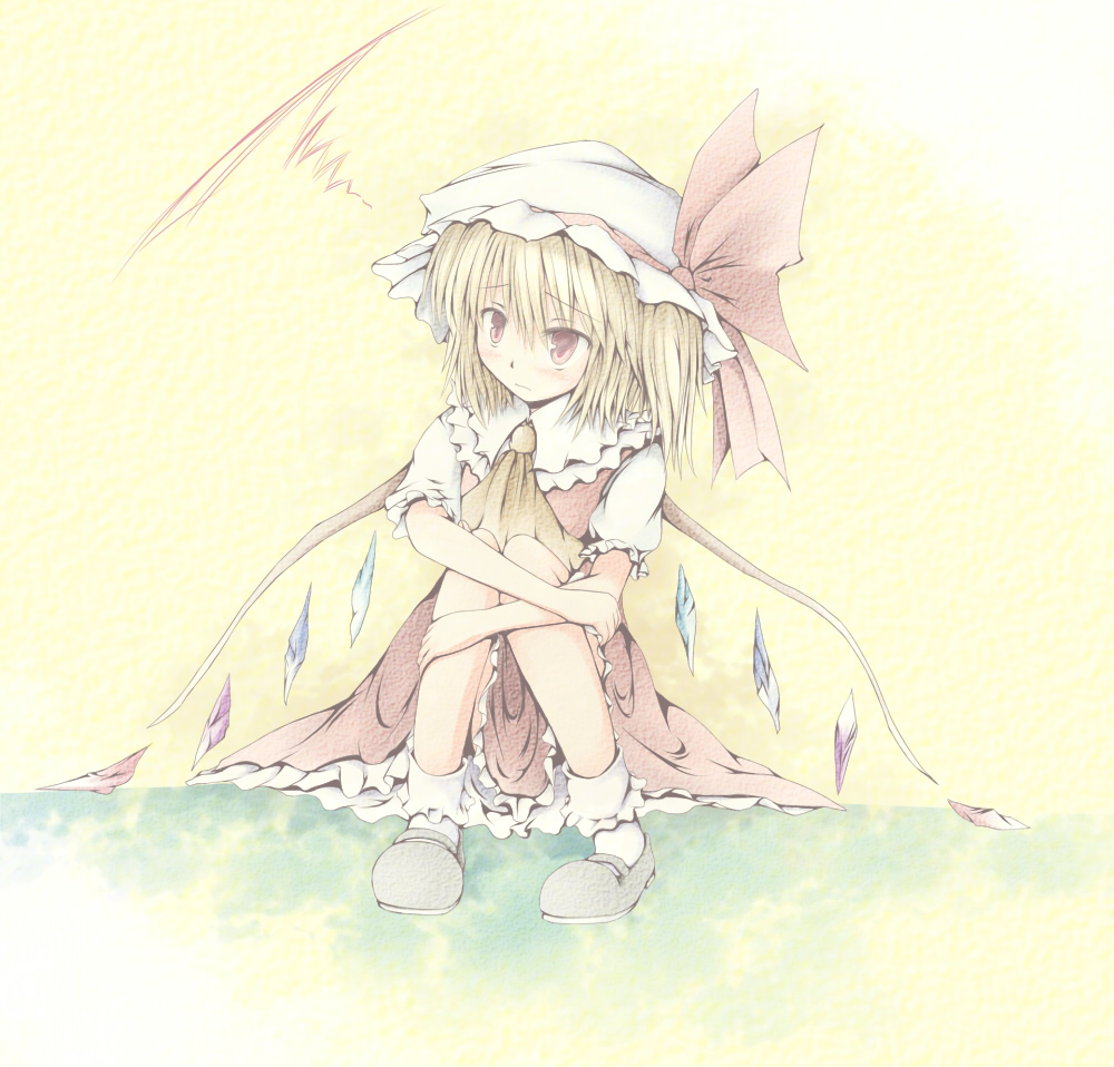 ascot, blonde_hair, blush, flandre_scarlet, footwear, full_body, hat, hat_ribbon
