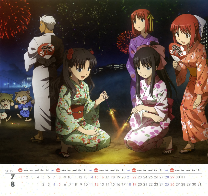 2012, 4girls, absurdres, alternate_hairstyle, animal_ears, archer, august, barefoot_sandals
