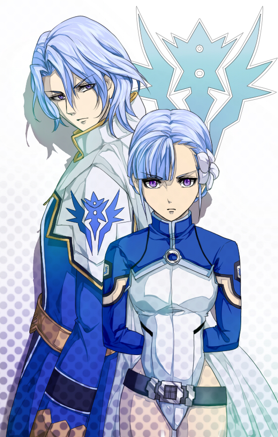 1girl, belt, beltskirt, blue_hair, brother_and_sister, fin_e_ld_si_dizelmine, fin_e_ld_si_laffinty, flower