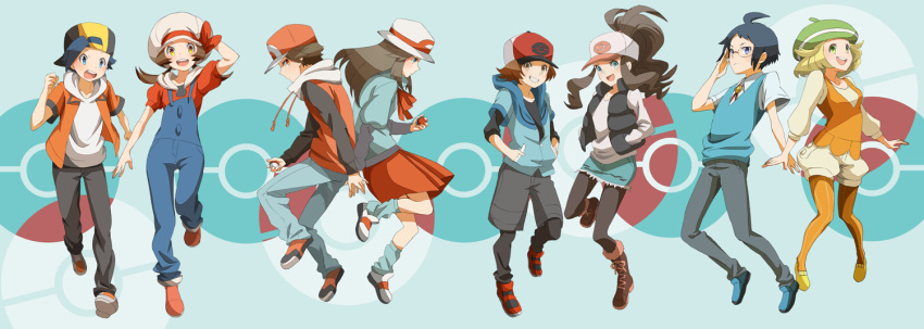 4girls, alternate_costume, backwards_hat, baseball_cap, bel_(pokemon), black_hair, black_legwear, blonde_hair