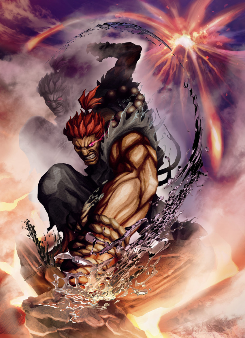 bared_teeth, beads, capcom, dark_skin, glowing, glowing_eye, gouki, highres