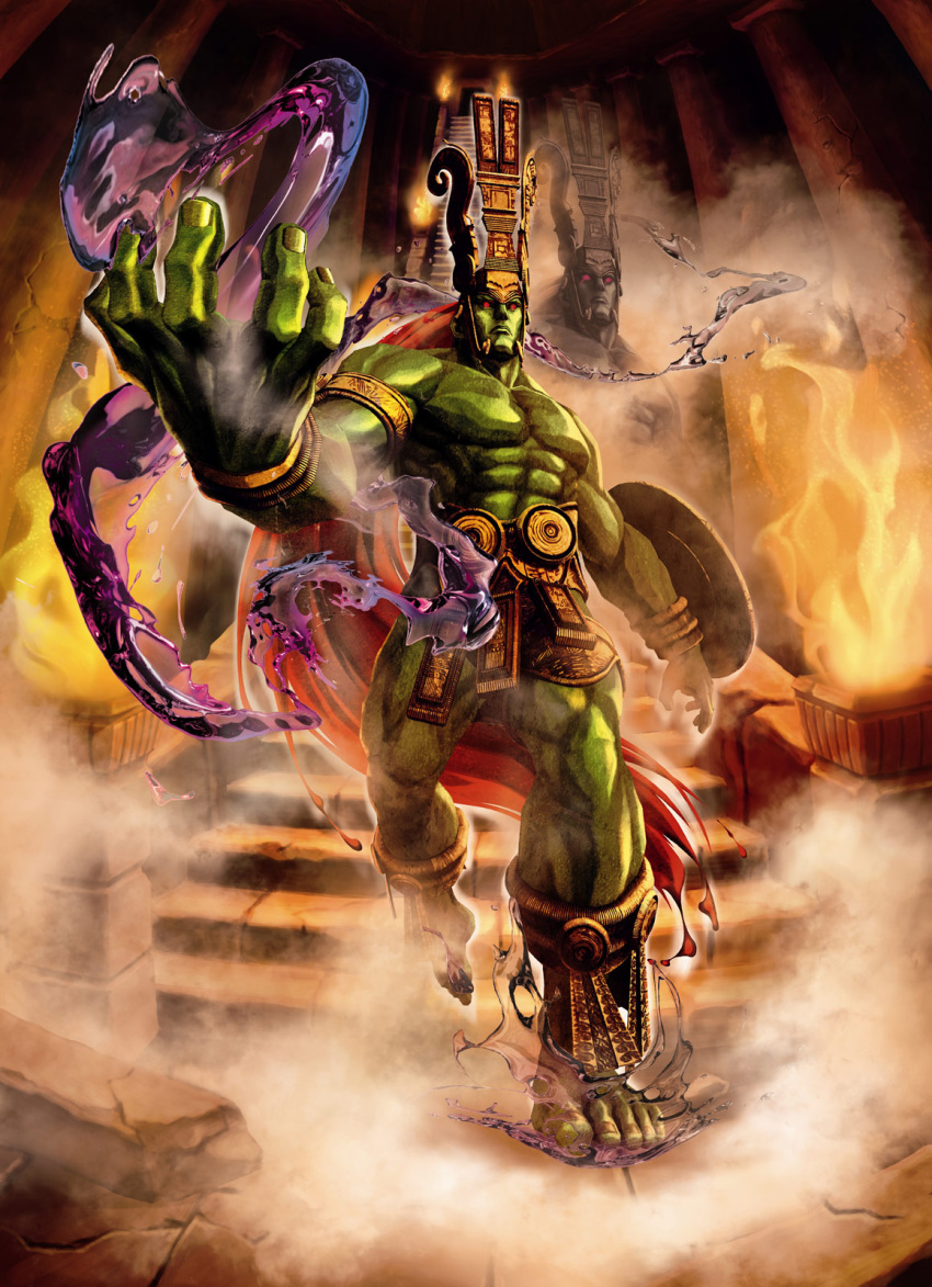barefoot, capcom, crown, greaves, green_skin, highres, muscle, official_art, ogre_(tekken), pectorals, red_eyes, shield, solo, street_fighter_x_tekken, tekken