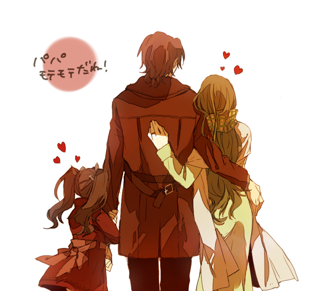 2girls, arm_hug, asaki_(aaassa), bow, brown_hair, coat, dress, family, fate/zero, fate_(series), from_behind, hair_bow, heart, long_hair, multiple_girls, plaid, plaid_scarf, scarf, shawl, short_hair, simple_background, tohsaka_aoi, tohsaka_rin, tohsaka_tokiomi, toosaka_aoi, toosaka_rin, toosaka_tokiomi, translation_request, twintails, winter_clothes