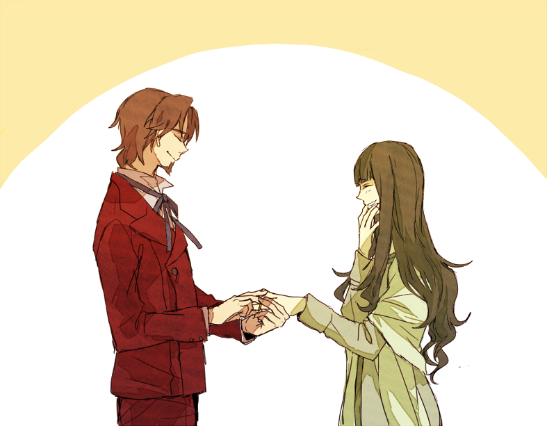 1girl, asaki_(aaassa), brown_hair, closed_eyes, couple, dress, eyes_closed, fate/zero