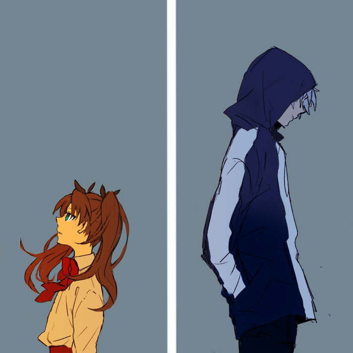 1girl, aqua_eyes, asaki_(aaassa), bow, bowtie, brown_hair, dress_shirt, fate/zero, fate_(series), hair_bow, hands_in_pockets, hood, long_hair, matou_kariya, profile, shirt, silver_hair, simple_background, tohsaka_rin, toosaka_rin, twintails, young