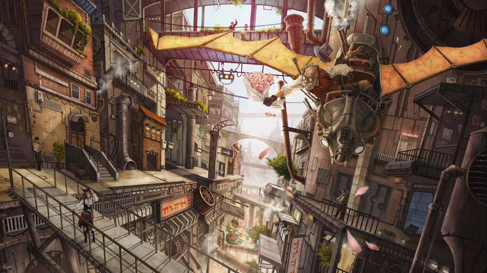 bouquet, bridge, city, cityscape, fantasy, flower, flying, fuji_q