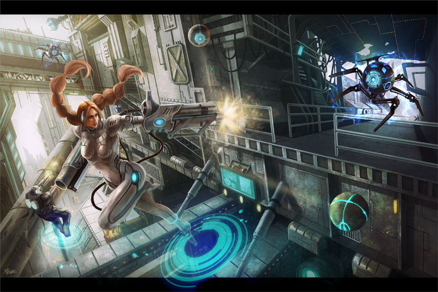 arm_cannon, bodysuit, braid, brown_hair, city, cityscape, dual_wielding, firing