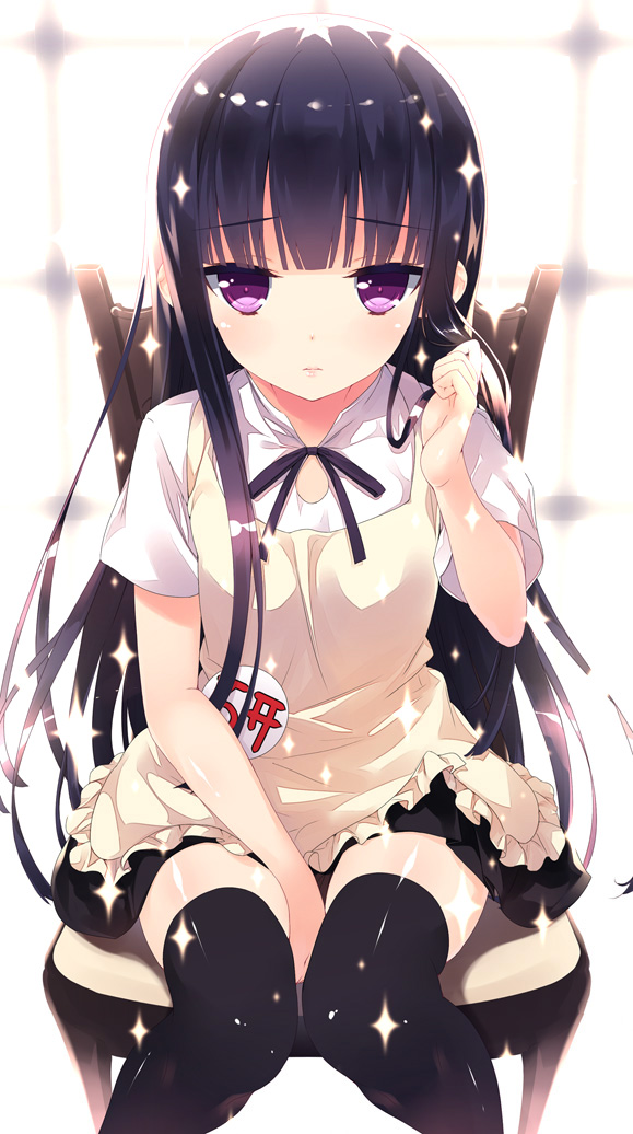 badge, bangs, between_legs, between_thighs, black_hair, black_legwear, blunt_bangs, button_badge
