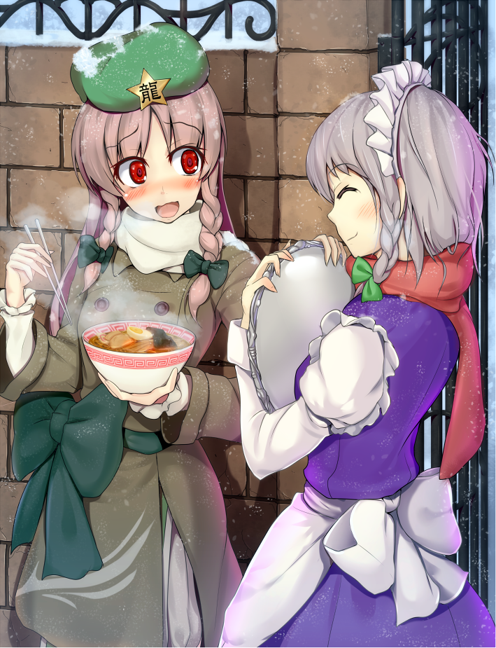 apron, beret, blush, bow, bowl, braid, breath, brick_wall, chopsticks, closed_eyes, food, gate, green_ribbon, hair_ribbon, hat, hinami, hinami_(hinatamizu), holding, hong_meiling, izayoi_sakuya, long_hair, looking_at_another, maid, maid_headdress, multiple_girls, naruto_(food), noodles, open_mouth, pants, ramen, red_eyes, red_hair, redhead, ribbon, sash, scarf, short_hair, silver_hair, skirt, smile, snow, snowing, star, steam, the_embodiment_of_scarlet_devil, touhou, tray, twin_braids, waist_apron, wavy_mouth, winter_coat