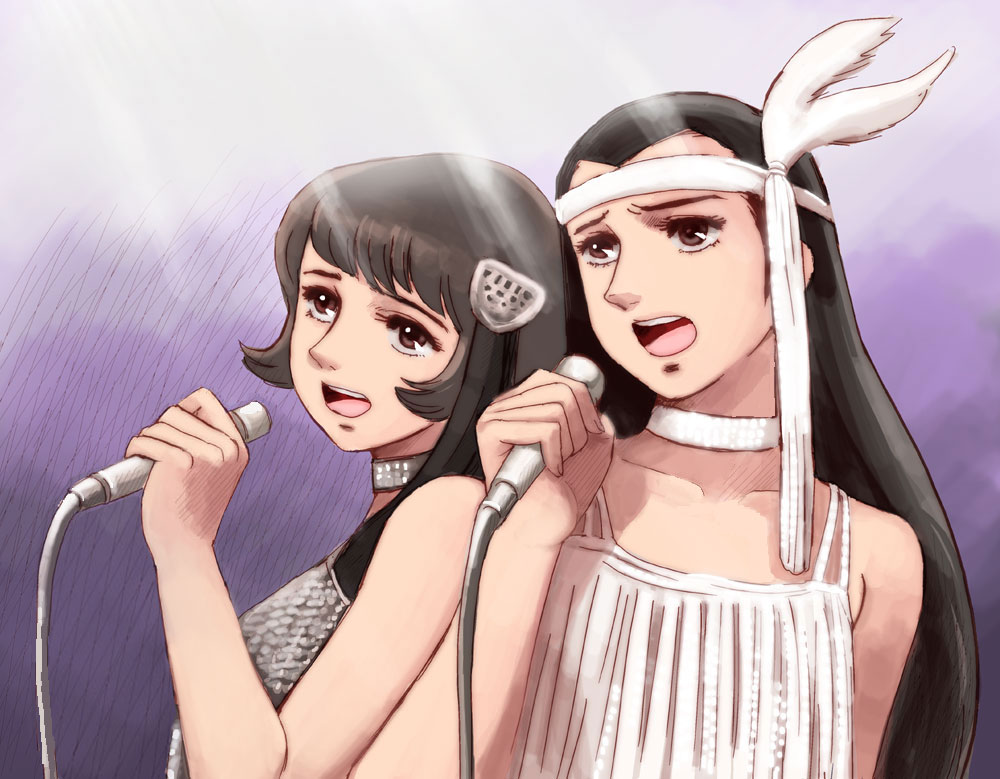 2girls, 70s, ashita_no_joe, black_hair, brown_eyes, brown_hair, choker, flapper_girl
