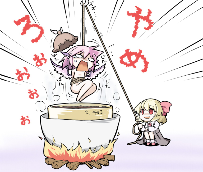 animal_ears, aratami_isse, blonde_hair, chibi, chocolate, cooking_pot, fire, hair_ribbon