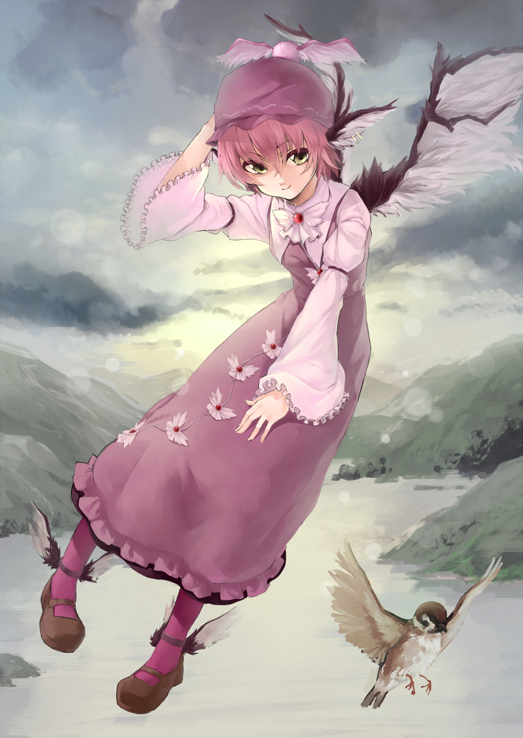 bird, eurasian_tree_sparrow, frilled_sleeves, hat, ko-g, mystia_lorelei, nature, pantyhose, pink_hair, shoes, short_hair, sky, solo, sparrow, touhou, wide_sleeves, winged_shoes, wings