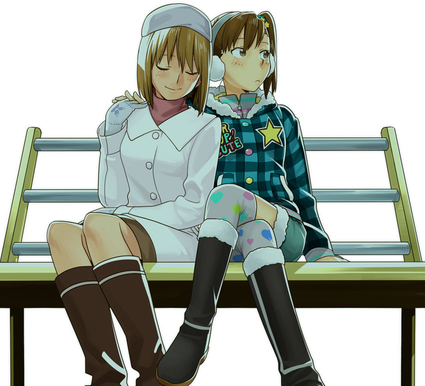 bench, blush, boots, brown_eyes, brown_hair, closed_eyes, coat, crossed_legs, earmuffs, eyes_closed, futami_mami, gloves, hagiwara_yukiho, hand_holding, hat, holding_hands, idolmaster, legs_crossed, mknown, mori_(unknown.), multiple_girls, short_hair, side_ponytail, sitting, thigh-highs, thighhighs, yuri