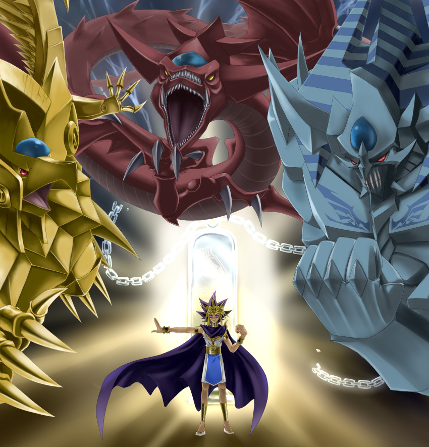 1boy, absurdres, atem, chain, chains, dragon, fangs, fist