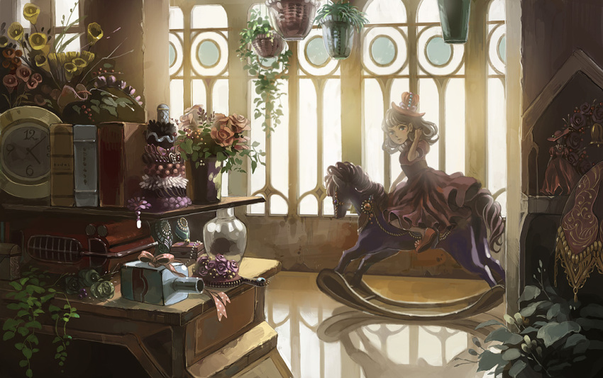 bell, book, bottle, brown_eyes, brown_hair, clock, dress, figure