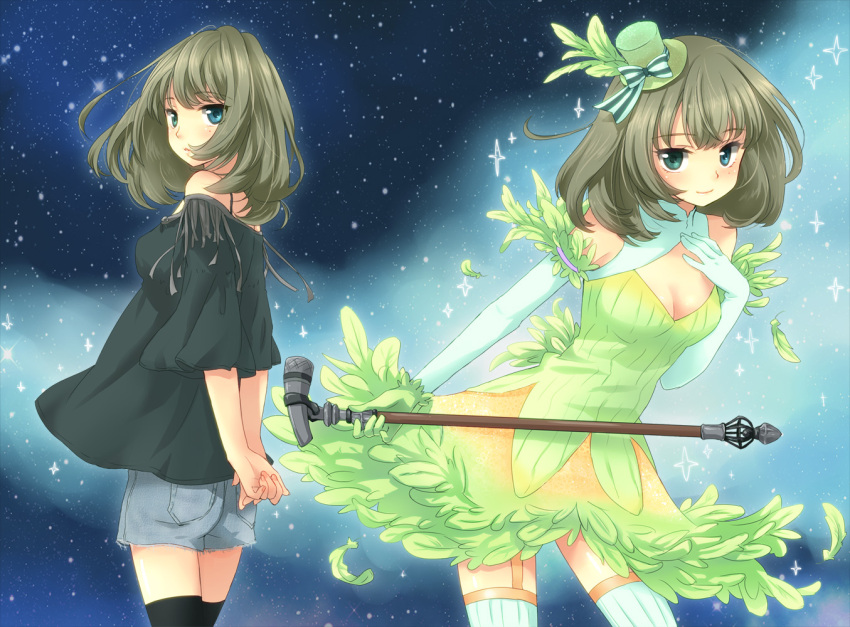 bare_shoulders, black_legwear, blue_eyes, breasts, cleavage, dress, dual_persona, feathers