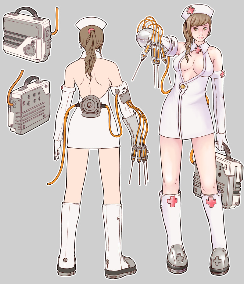 boots, breasts, brown_hair, gloves, grey_background, hat, kusagami_style, nurse
