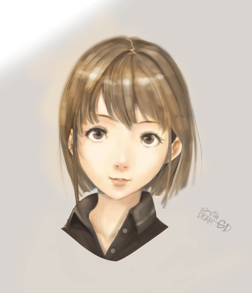 bron, brown_eyes, brown_hair, collarbone, color, face, gold, hair, highres, original, photo, realistic, sdyoui, sketch, sketdeam
