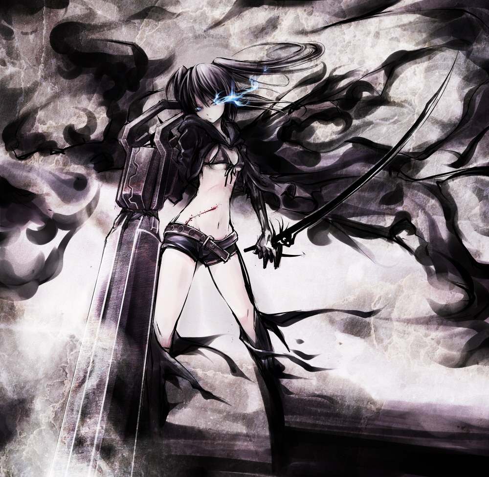 bikini, black_hair, black_rock_shooter, black_rock_shooter_(character), bolero, boots, cannon, cropped_jacket