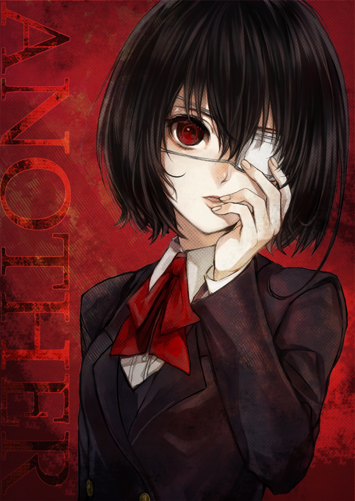 another, black_hair, blazer, eyepatch, finger_to_mouth, misaki_mei, open_mouth, red_eyes