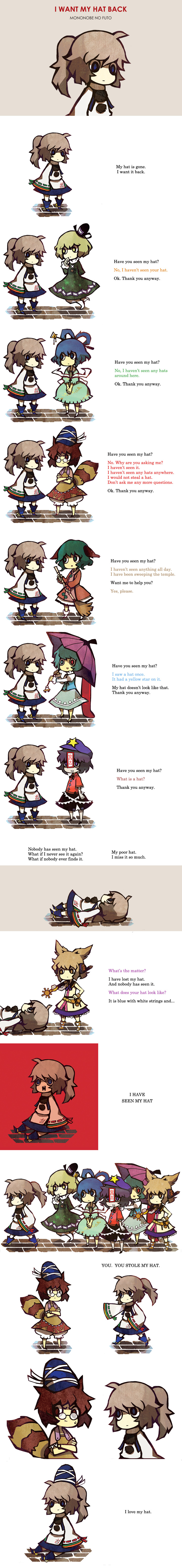 absurdres, animal_ears, arlmuffin, black_hair, blue_eyes, blue_hair, broom, brown_eyes, brown_hair, children's_book, children's_book, comic, crossed_arms, dress, earmuffs, english, futatsuiwa_mamizou, ghost_tail, glasses, green_dress, green_eyes, green_hair, grey_hair, hair_rings, hair_stick, hand_on_hip, hat, headphones, heterochromia, highres, i_want_my_hat_back, jiangshi, kaku_seiga, kasodani_kyouko, long_image, long_sleeves, miyako_yoshika, mononobe_no_futo, multiple_girls, multiple_tails, no_hat, no_headwear, ofuda, open_mouth, over_shoulder, parody, pince-nez, pointing, pom_pom_(clothes), ponytail, purple_eyes, raccoon_tail, red_eyes, shawl, short_hair, sitting, skirt, smile, soga_no_tojiko, star, sword, tail, tall_image, tatara_kogasa, tate_eboshi, ten_desires, touhou, toyosatomimi_no_miko, umbrella, v_arms, violet_eyes, weapon, wide_sleeves