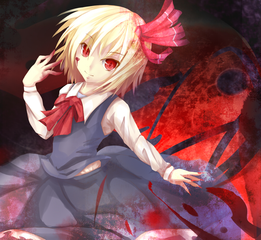 blonde_hair, blood, blood_on_face, blood_on_hair, hair_ribbon, red_eyes, ribbon, rumia