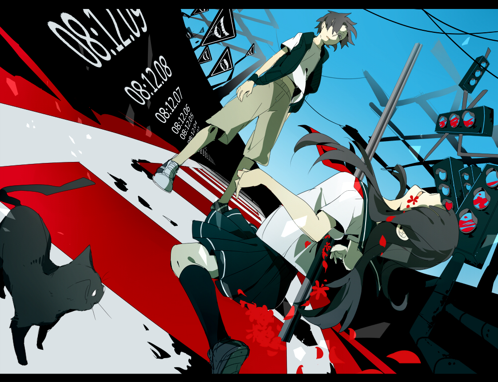 1girl, al_(arupaka), black_cat, black_hair, blood, cat, flower, hair_over_one_eye