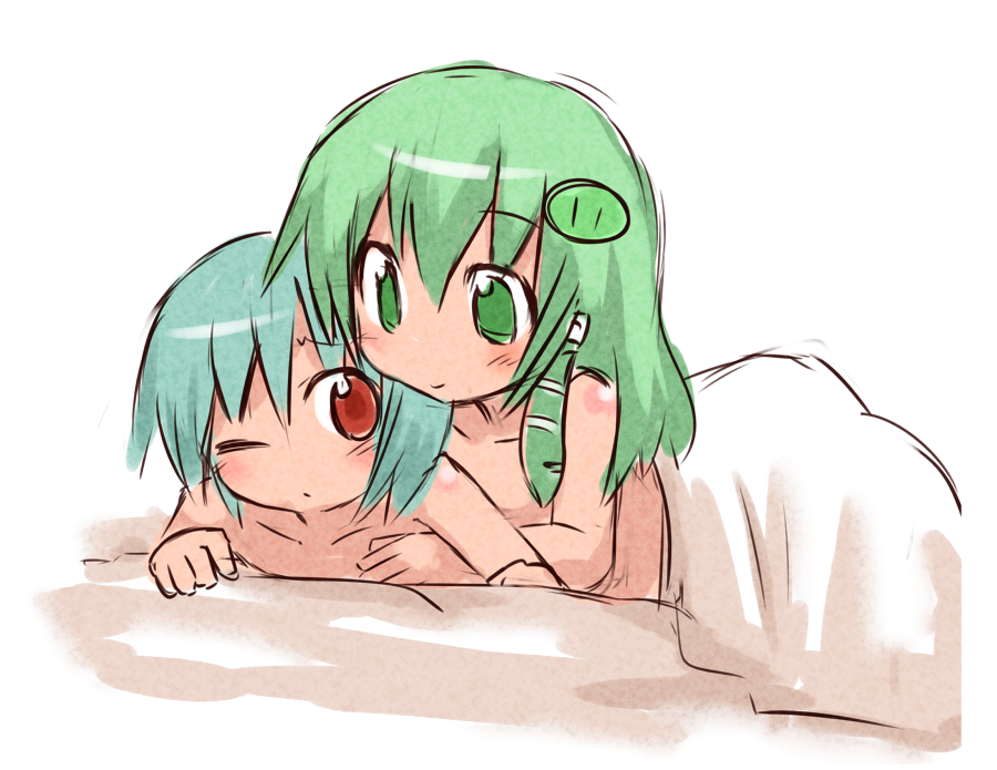 blanket, blue_hair, green_eyes, green_hair, hair_ornament, hat, himegi, kochiya_sanae