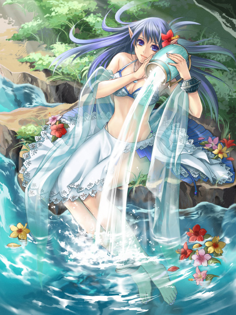 bangle, barefoot, bikini, blue_eyes, blue_hair, bracelet, feet, feet_in_water