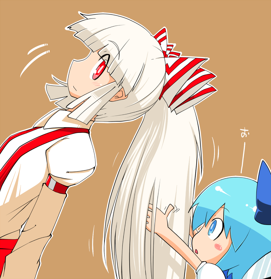 blue_eyes, blue_hair, bow, child, cirno, fujiwara_no_mokou, ganguri, hair_bow