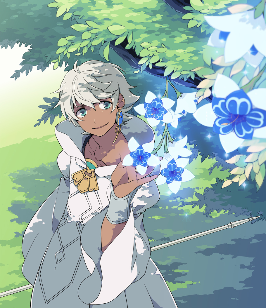 dark_skin, dress, earrings, eterno, flower, gensou_suikoden, gensou_suikoden_tsumugareshi_hyakunen_no_toki, green_eyes, jewelry, leaf, short_hair, smile, solo, tree, white_dress, white_hair, zephon