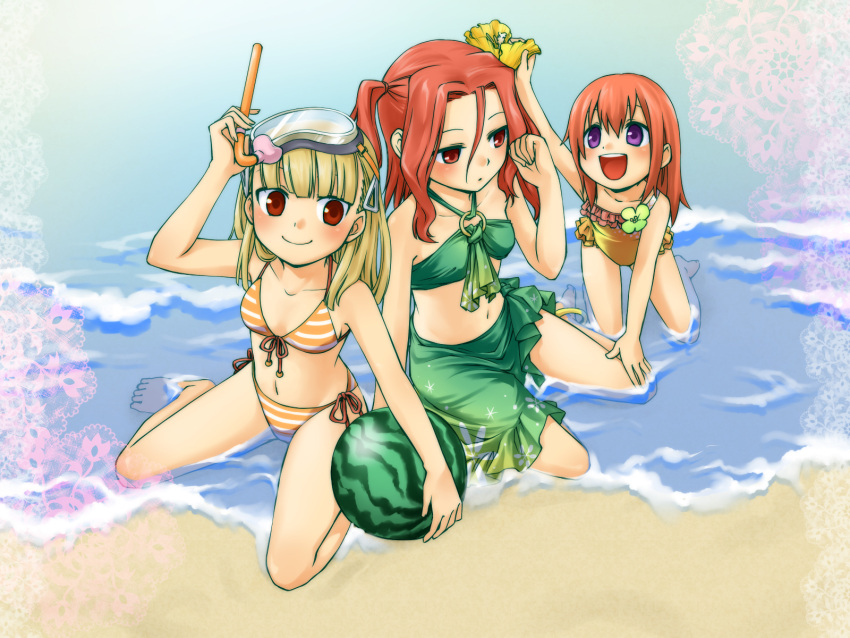 :d, anklet, barefoot, beach, bikini, blonde_hair, candy_(rune_factory), diving_mask
