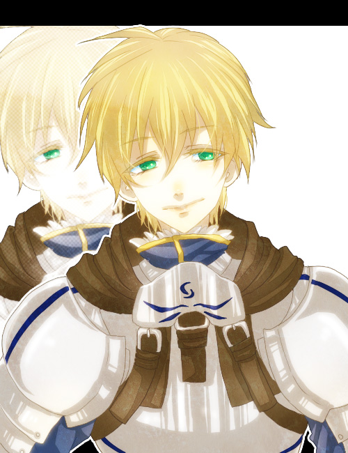 armor, ayane12, blonde_hair, fate/prototype, fate_(series), green_eyes, letterboxed, male