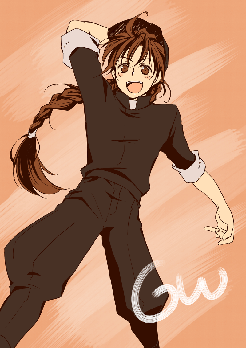 braid, brown, brown_eyes, duo_maxwell, fangs, gundam, gundam_wing, hand_on_hat, hat, long_hair, male, scratch-a, single_braid, solo